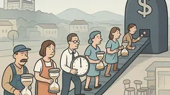 Ľudia v rade s presýpacími hodinami míňajú čas do stroja s dolárom
